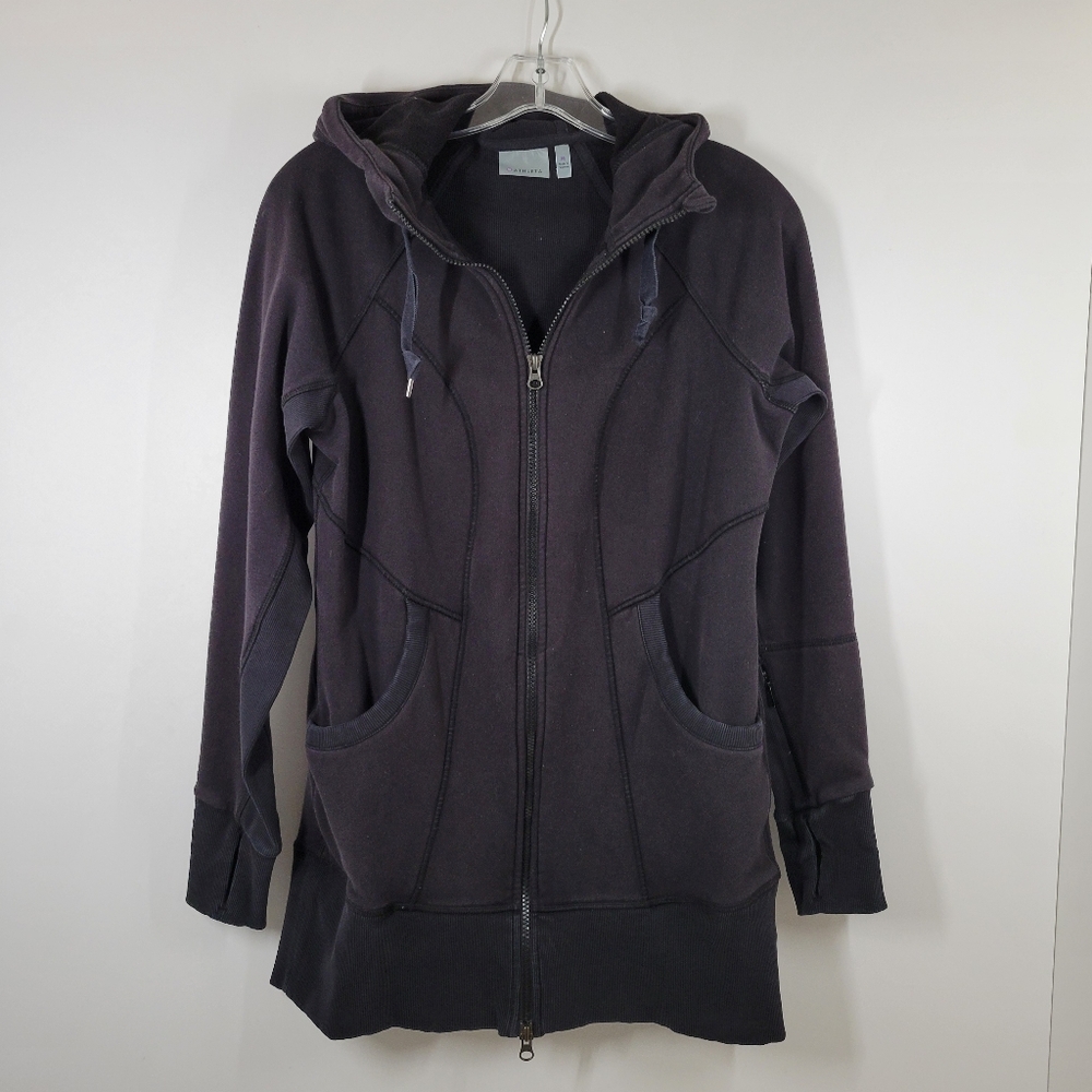 Athleta Black Ribbed Stronger Hooded Pockets Thumbholes Full Zip Sweatshirt Sz M